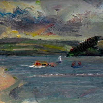 Padstow ferry, cornwall - before rain, 14x8ins. oil on board
