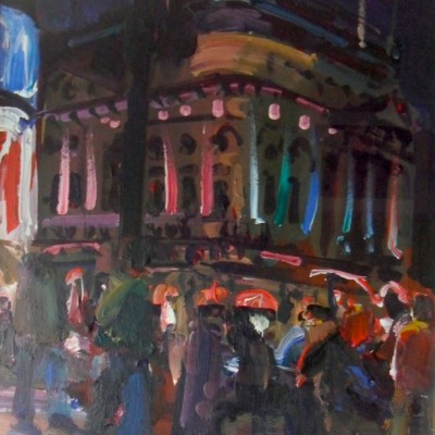 Piccadilly Circus. theatre emptying, 14x10ins. acrylic on board
