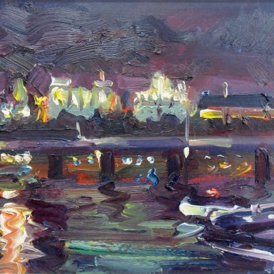 Thames at night - from Westminster bridge. 10x8in. oil on board