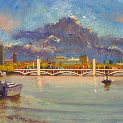 Thames view from Albert Bridge, calm water. oil on canvas