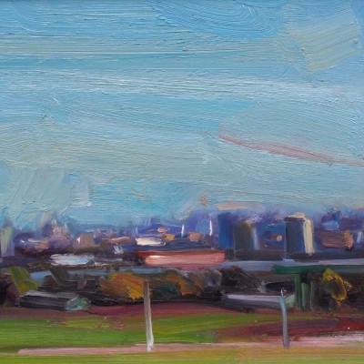 View from Hampstead Heath - hot afternoon.  oil on board 32x16ins