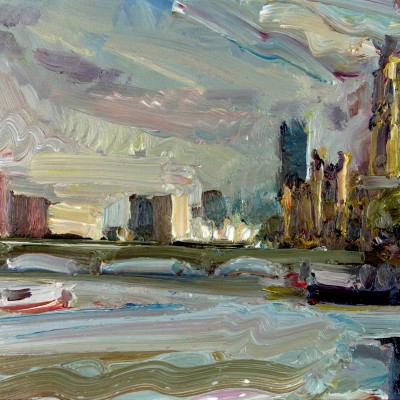 View from Hungerford Bridge, 10x8ins. oil on board