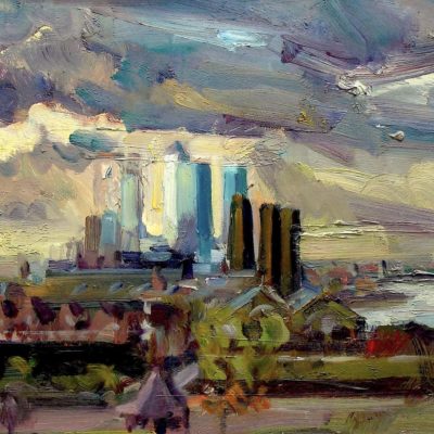 View-over-Canary-Wharf-just-before-rain-33x17ins-oil-on-board