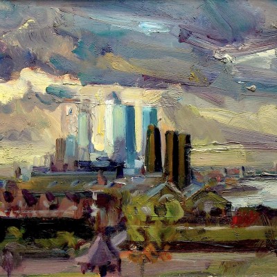 View over Canary Wharf-windy day 33x17ins.  oil on board
