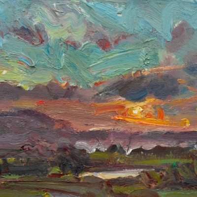View towards Sussex Downs - Sun Setting, 18x14ins. oil on board