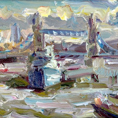 View towards Tower Bridge, 7x5ins. oil on canvas