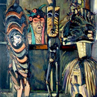 Self-portrait-with-African-sculptures-4-x3ft-Oil-in-card